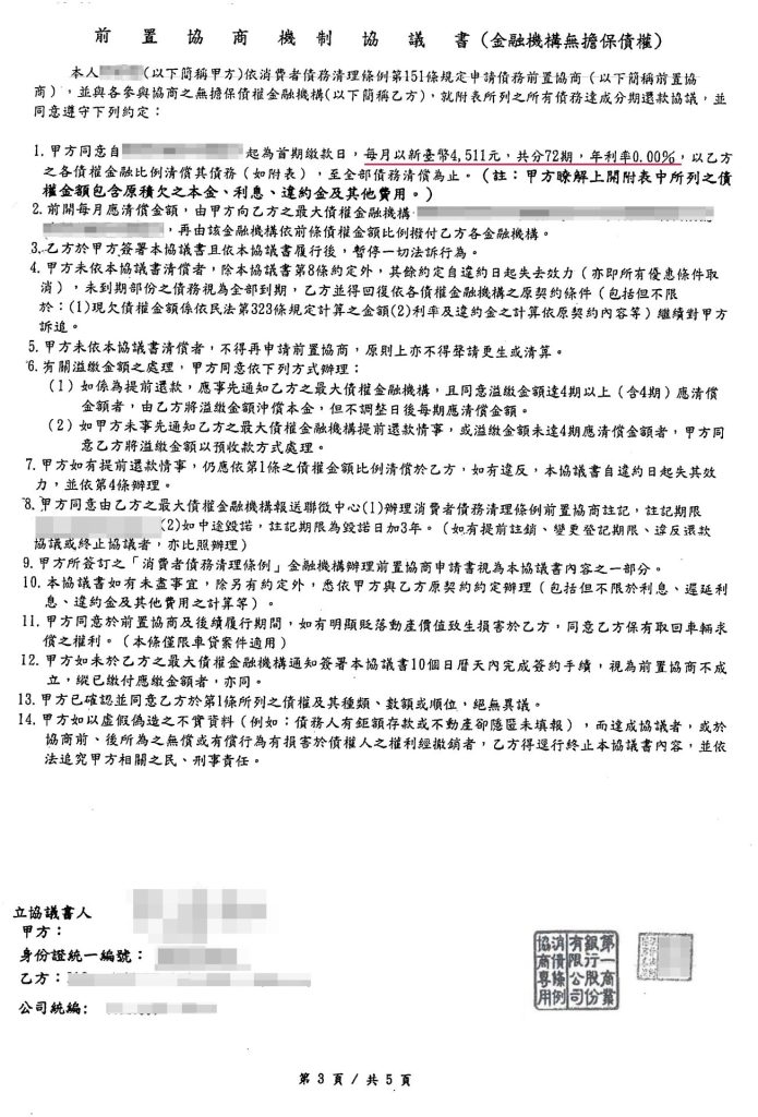 第一銀行前置協商機制協議書佐證「月付金新臺幣 4,511 元，共分 72 期，年利率 0 %。」